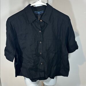 Small SHORE Black Beach Button-Up Crop Shirt raw hem NEW